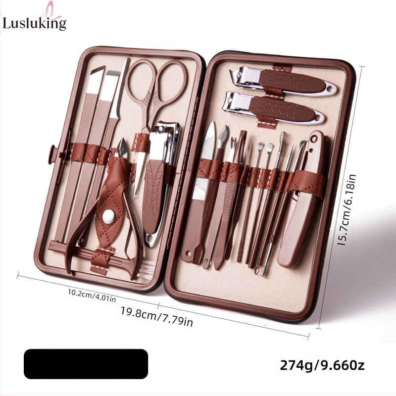 Nagakääride komplekt – roostevabast terasest ja süsinikterasest; surnud naha eemaldamise fail; küünte pinna lihvimisinstrument; küünte lõikusseadmete komplekt; Lusluking