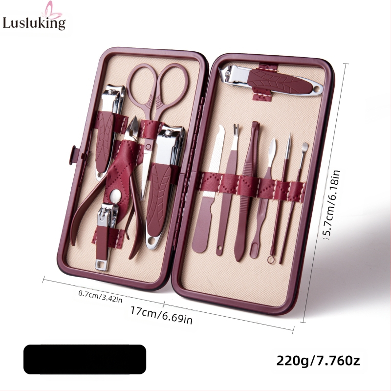 Nagakääride komplekt – roostevabast terasest ja süsinikterasest; surnud naha eemaldamise fail; küünte pinna lihvimisinstrument; küünte lõikusseadmete komplekt; Lusluking