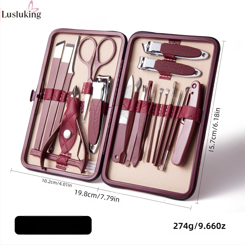 Nagakääride komplekt – roostevabast terasest ja süsinikterasest; surnud naha eemaldamise fail; küünte pinna lihvimisinstrument; küünte lõikusseadmete komplekt; Lusluking