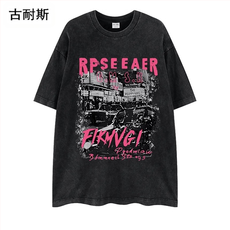 Βαμβακερή T-shirt σε χαλαρή γραμμή με εκτύπωση χαρακτήρα, στρογγυλό λαιμό, κοντό μανίκι, street hip hop στυλ