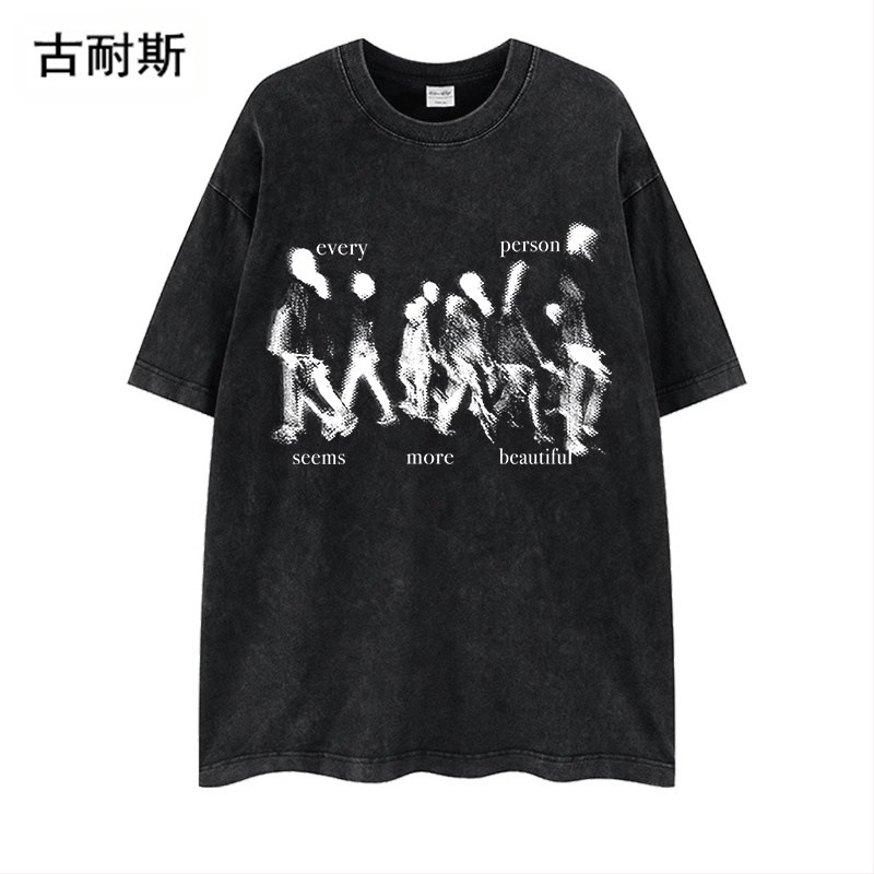 Βαμβακερή T-shirt σε χαλαρή γραμμή με εκτύπωση χαρακτήρα, στρογγυλό λαιμό, κοντό μανίκι, street hip hop στυλ