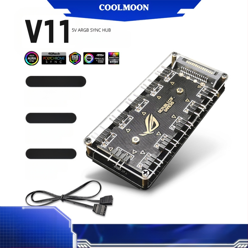 CoolMoon V11 ARGB хъб за дънната платка, 1 към 10 разклонител, 5V 3-пин, независимо захранване, мултиинтерфейсен дизайн