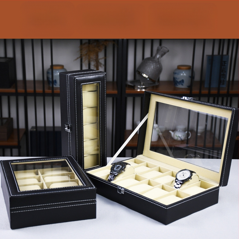 Кутия за часовник HH-S001, PU кожа, 12 отделения, прозрачен дисплей, опаковка за подаръци и бижута