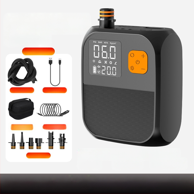 Pārnēsājamā elektriskā gaisa pumpa inflācijai (SUP, kajaks, gaisa matracis) – DC12V, 120W, 70 L/min, viencilindru, 5–20 min darbība