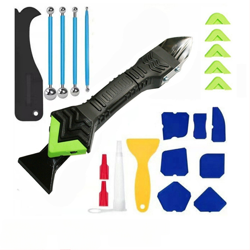 Комплект за уплътняване на фуги: премахвач на уплътнител, скребка за силикон за стъкло и комплект за шпакловане (материал: неръждаема стомана + пластмаса; област на приложение: домашно декориране и красота)