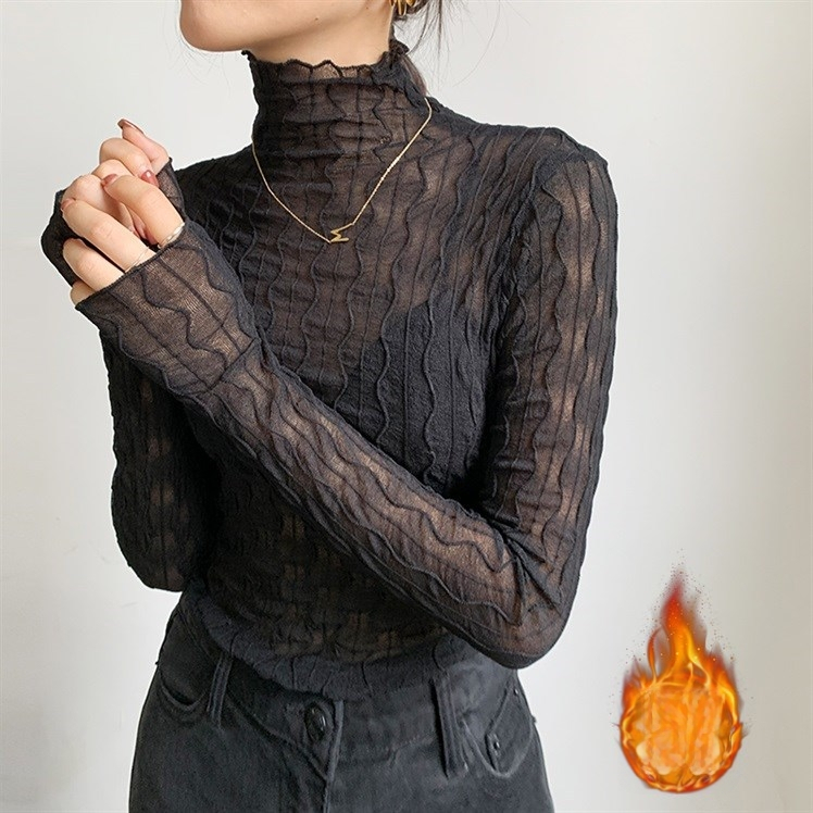 Δαντελένια Βασική Μπλούζα με Υψηλό Λαιμό, Μακριά Μανίκια, Μονόχρωμη, Μείγμα Βαμβάκι-Σπαντέξ-Πολυεστέρα