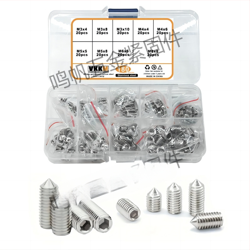 Комплект безглавни машинни винтове в кутия: винтове с вътрешен шестограмен профил, винтове с изпъкнал край и гайки; материал 304 неръждаема стомана / въглеродна стомана, клас 4.8, GB стандарт