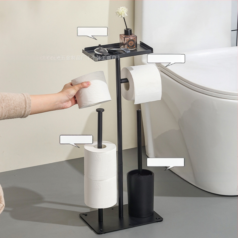 Вертикален подов държач за ролки тоалетна хартия със държач за мобилен телефон; въглеродна стомана; подходящ за ролки хартия; мултифункционален домашен органайзер за баня