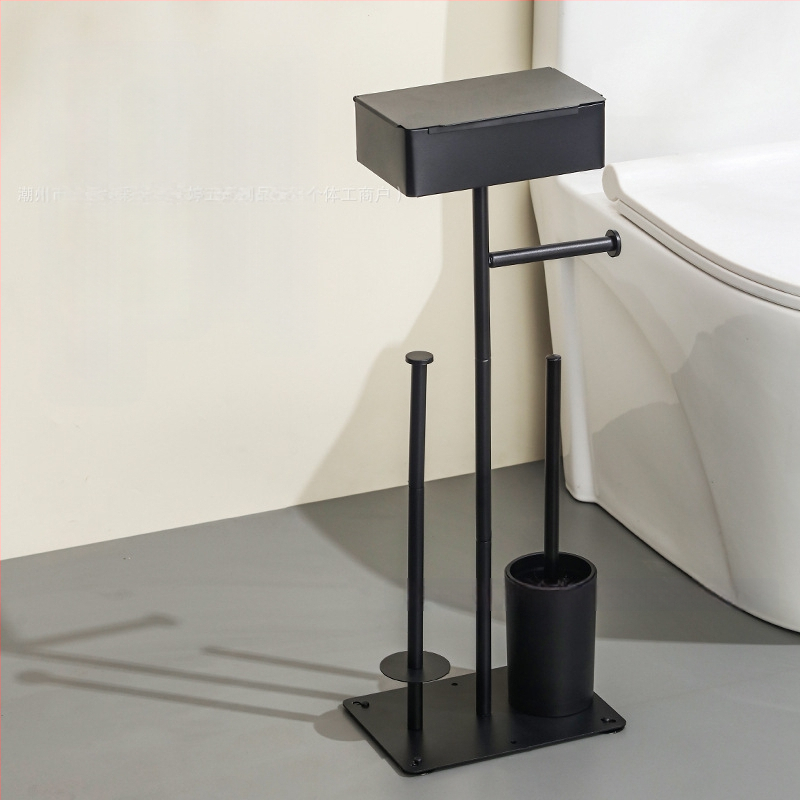 Вертикален подов държач за ролки тоалетна хартия със държач за мобилен телефон; въглеродна стомана; подходящ за ролки хартия; мултифункционален домашен органайзер за баня