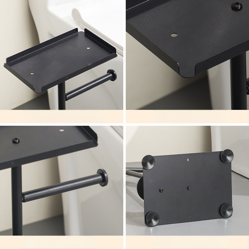 Вертикален подов държач за ролки тоалетна хартия със държач за мобилен телефон; въглеродна стомана; подходящ за ролки хартия; мултифункционален домашен органайзер за баня