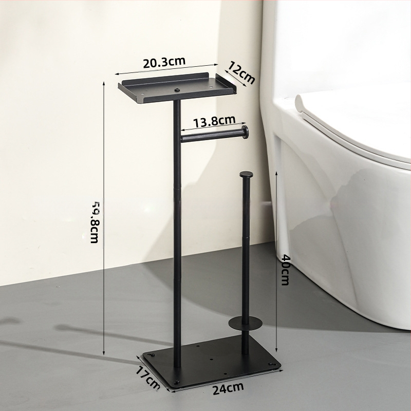 Вертикален подов държач за ролки тоалетна хартия със държач за мобилен телефон; въглеродна стомана; подходящ за ролки хартия; мултифункционален домашен органайзер за баня