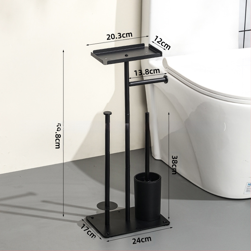 Вертикален подов държач за ролки тоалетна хартия със държач за мобилен телефон; въглеродна стомана; подходящ за ролки хартия; мултифункционален домашен органайзер за баня