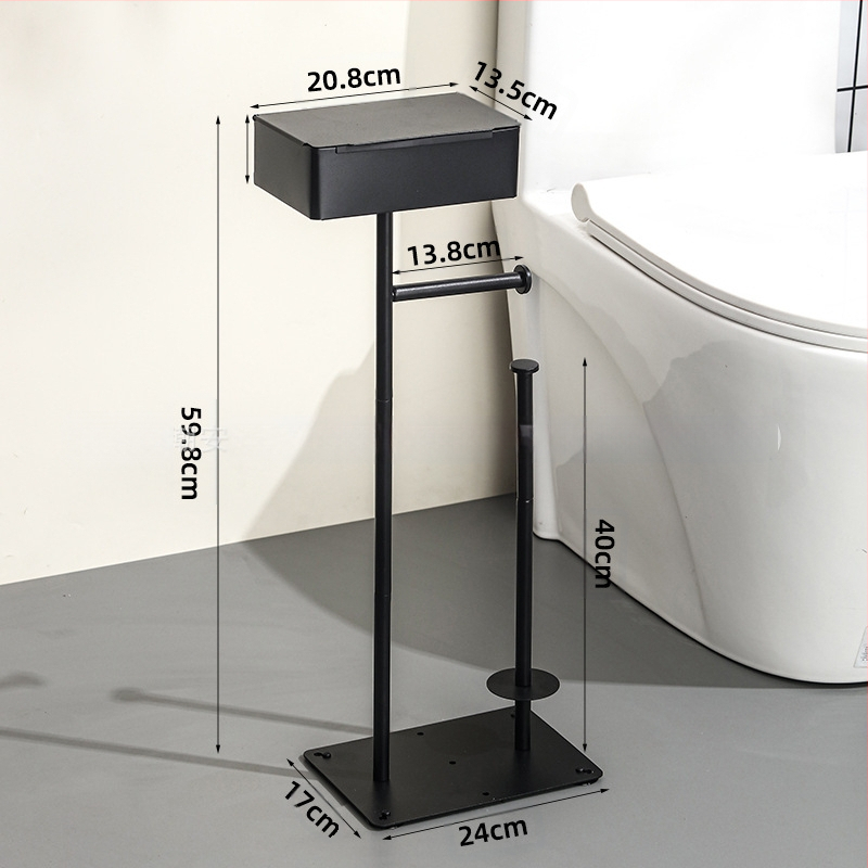 Вертикален подов държач за ролки тоалетна хартия със държач за мобилен телефон; въглеродна стомана; подходящ за ролки хартия; мултифункционален домашен органайзер за баня