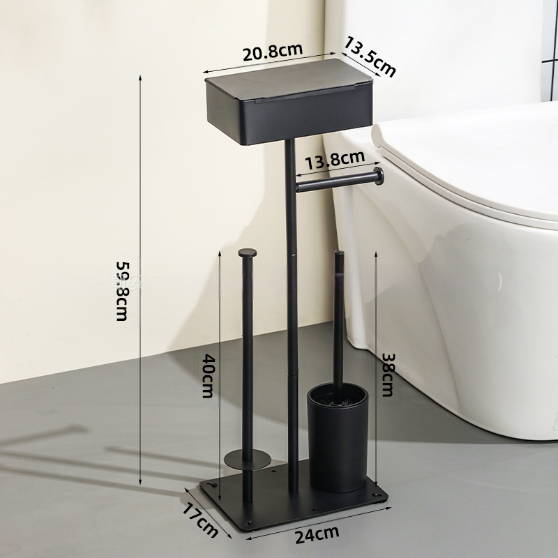 Вертикален подов държач за ролки тоалетна хартия със държач за мобилен телефон; въглеродна стомана; подходящ за ролки хартия; мултифункционален домашен органайзер за баня