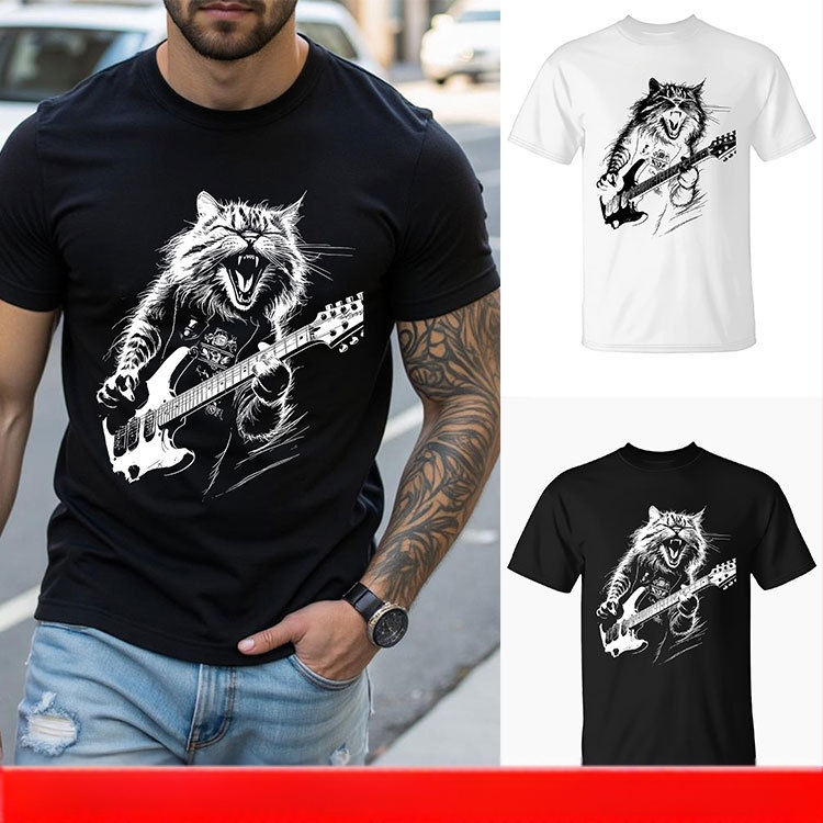 T-krekls ar muzikālās kaķa ģitāras apdruku, apaļa kakla izgriezums, īsi piedurknes, materiāls milk silk ar poliesteru (96%+), 180 g, viegls ikdienas stilā