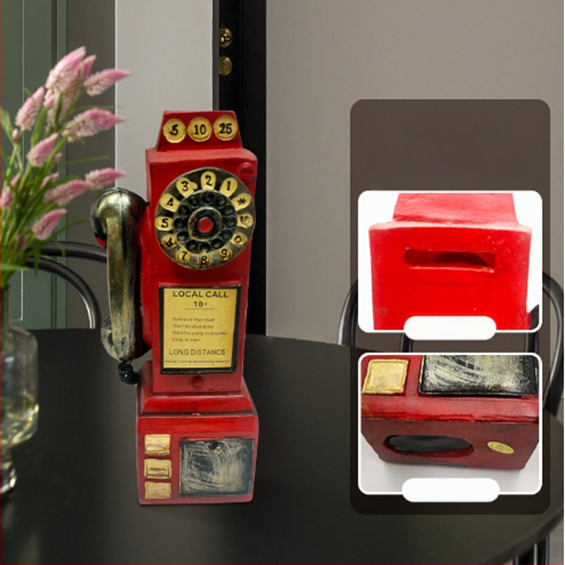 Ornament telefon retro din rășină, lucrat manual, pușculiță pentru casă