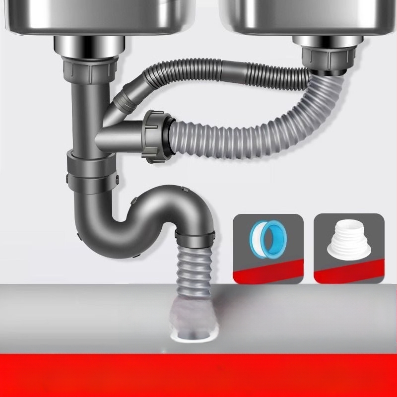 Win the bully Set odvoda za kuhinju s dvostrukim sudoperom – Model 10126, 304 nehrđajući čelik + ABS plastika, Moderan minimalistički stil