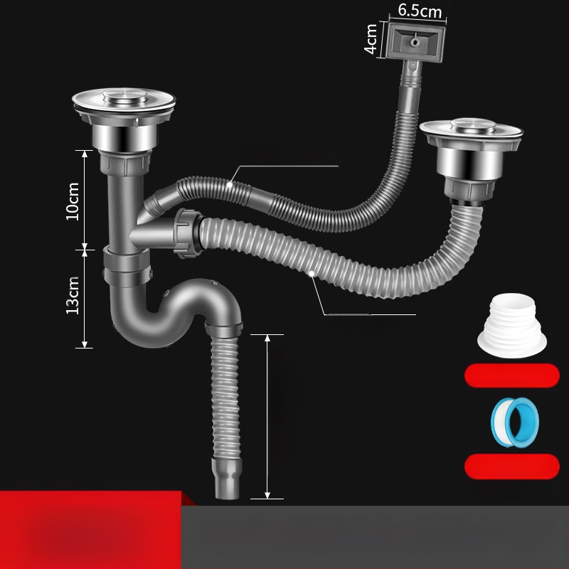 Win the bully Set odvoda za kuhinju s dvostrukim sudoperom – Model 10126, 304 nehrđajući čelik + ABS plastika, Moderan minimalistički stil