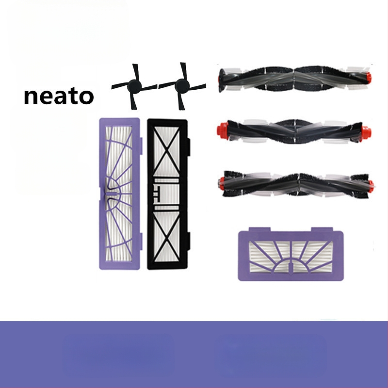 Neato BV/D/XV sērijas robota putekļsūcēja piederumi — rullīša birste, sānu birste un filtrēšanas siets; piemērots platībām virs 150 m²; trīs vienību komplekts