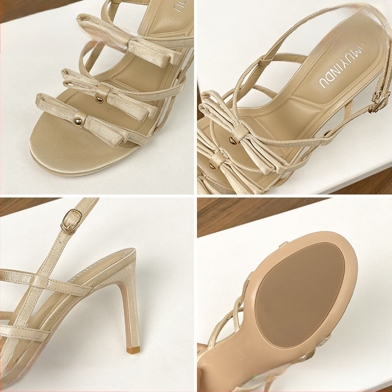 Muyindu moterų satino sandalai su atvertais pirštais ir apvaliu nosimi, vienas dirželis su sagtimi, 6–8 cm plonas kulnas, gumos padas