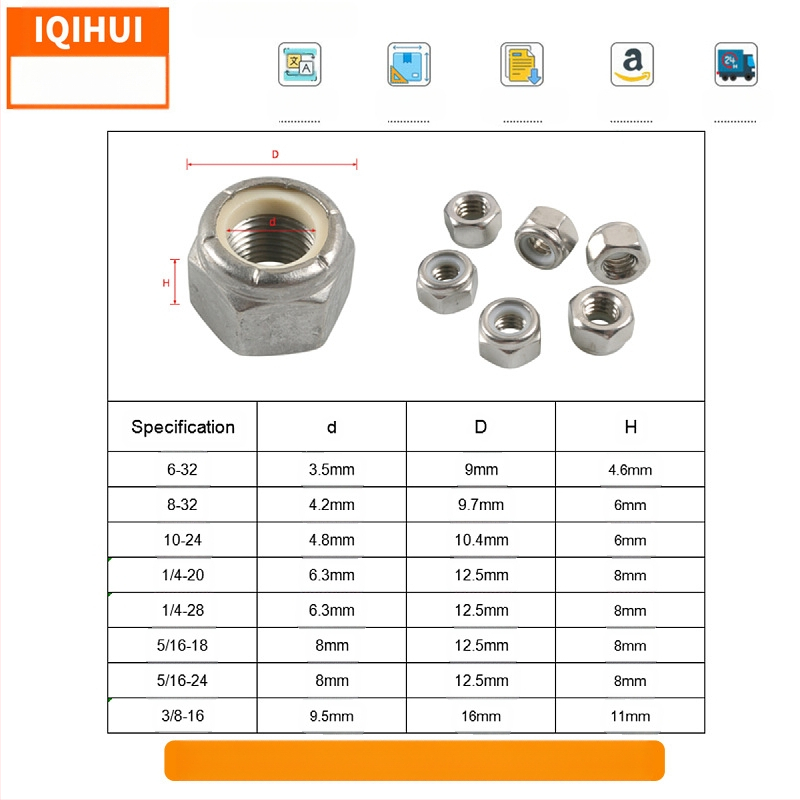 IQIHUI 304 nehrđajući čelik matica s umetkom od najlona, standard B18.16.6