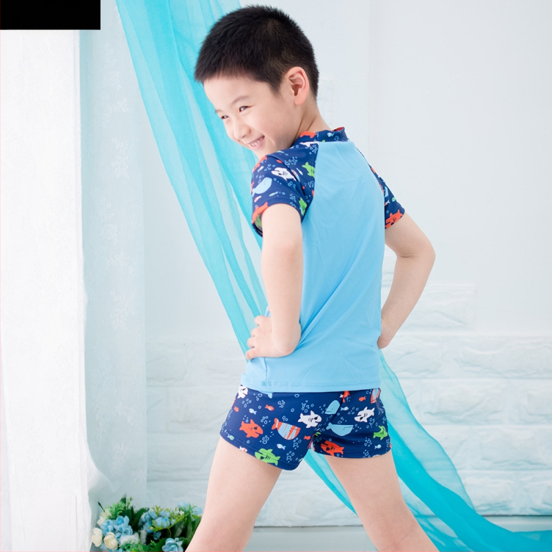 Jaotatud ujumistrikoo poistele, karikatuurne muster (materjal: nailon; 82% polüester; vooder: polüester ja 8% spandeks; vanus 3–10 aastat)