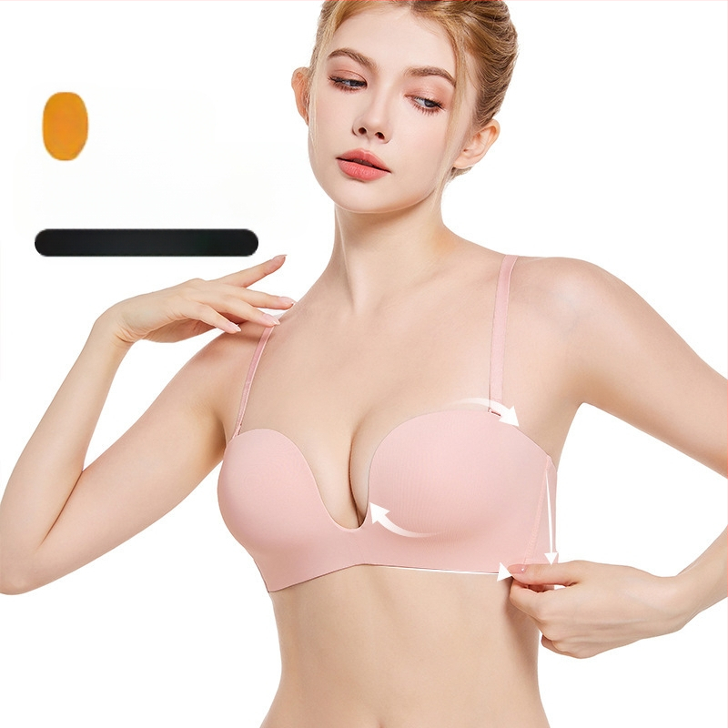 Half-Cup Traceless Deep-U Wireless Bra, Breathable, Front-Gather Support, Thin Mold Cup, Detachable Double Straps, Four-Row Back Closure