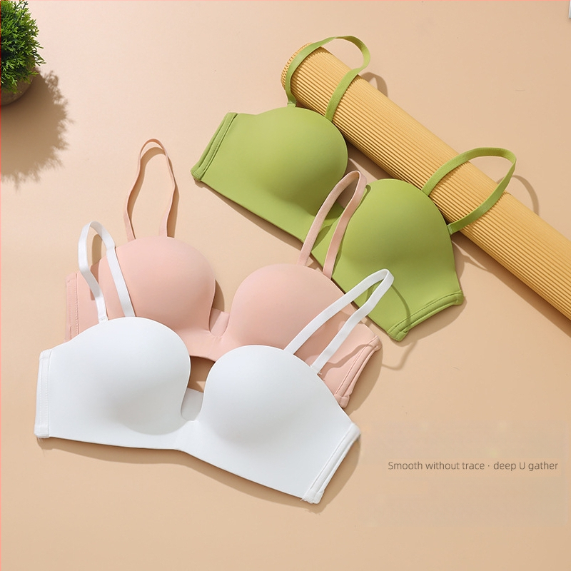 Half-Cup Traceless Deep-U Wireless Bra, Breathable, Front-Gather Support, Thin Mold Cup, Detachable Double Straps, Four-Row Back Closure