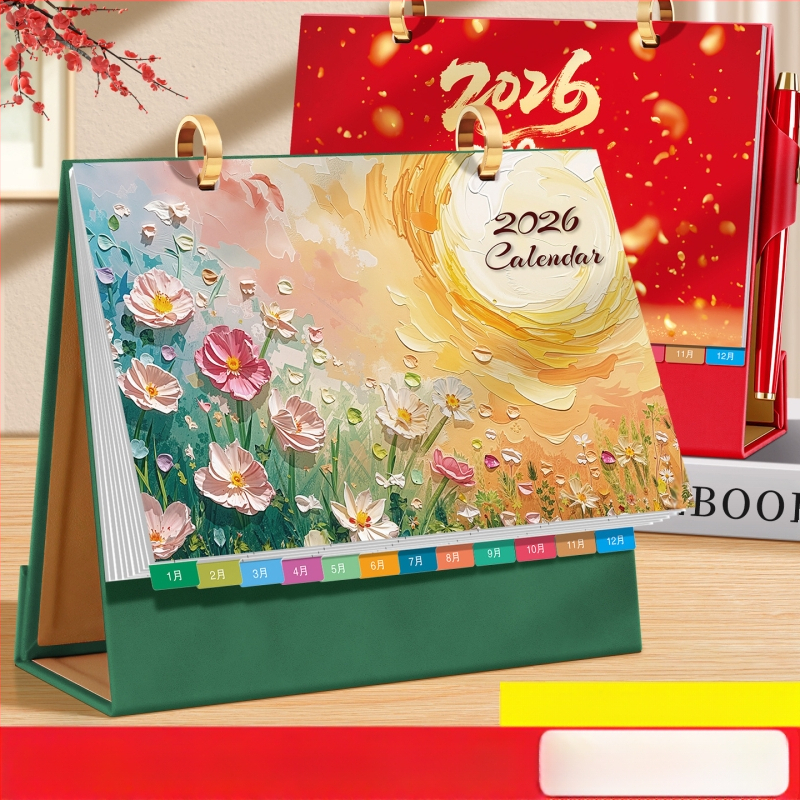 Asztali naptár 2026: retro kínai stílus, egyszerű és modern dizájn, PU bőr, logónyomtatás elérhető, univerzális ajándék.