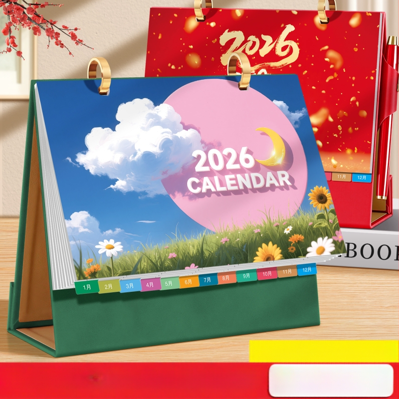 Asztali naptár 2026: retro kínai stílus, egyszerű és modern dizájn, PU bőr, logónyomtatás elérhető, univerzális ajándék.