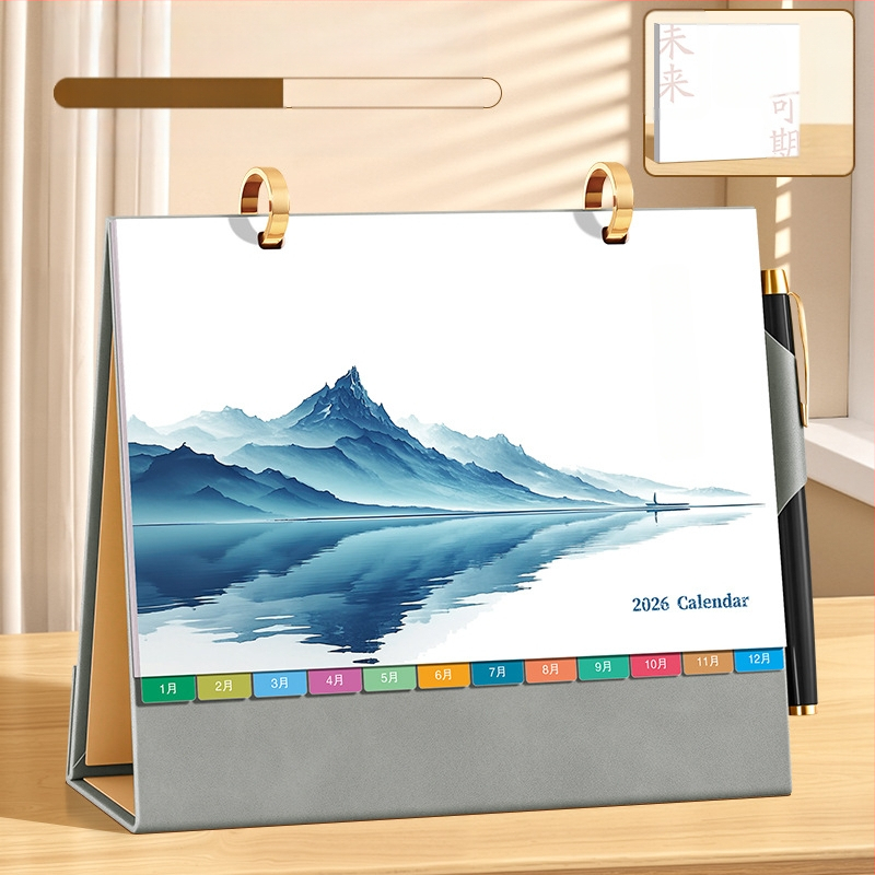 Asztali naptár 2026: retro kínai stílus, egyszerű és modern dizájn, PU bőr, logónyomtatás elérhető, univerzális ajándék.