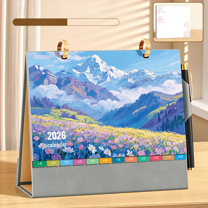 Asztali naptár 2026: retro kínai stílus, egyszerű és modern dizájn, PU bőr, logónyomtatás elérhető, univerzális ajándék.