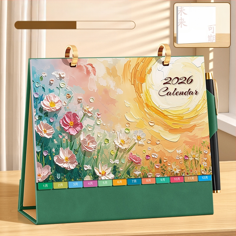 Asztali naptár 2026: retro kínai stílus, egyszerű és modern dizájn, PU bőr, logónyomtatás elérhető, univerzális ajándék.