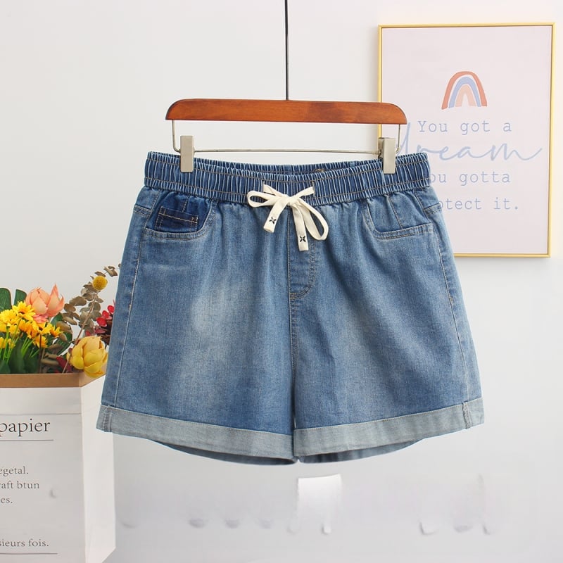 Moterų džinsiniai šortai su elastine juosta, laisvas kirpimas, tiesa kelnių linija, lengvas medvilnės mišinys (70-80%)