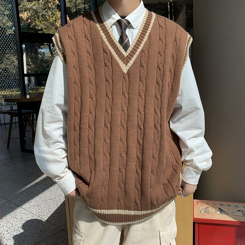 Megzta be rankovių liemenė su V iškirpte, retro Amerikos stilius, akademinis įkvėpimas, laisvas siluetas, 2023 m. žiema