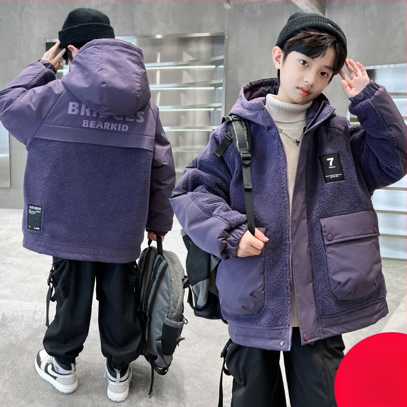 Dječja zimska jakna za dječake, vanjska tkanina od poliestera, podstava od poliestera, kapuljača, zatvarač, debeli materijal