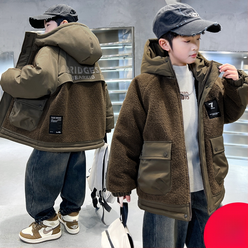 Dječja zimska jakna za dječake, vanjska tkanina od poliestera, podstava od poliestera, kapuljača, zatvarač, debeli materijal