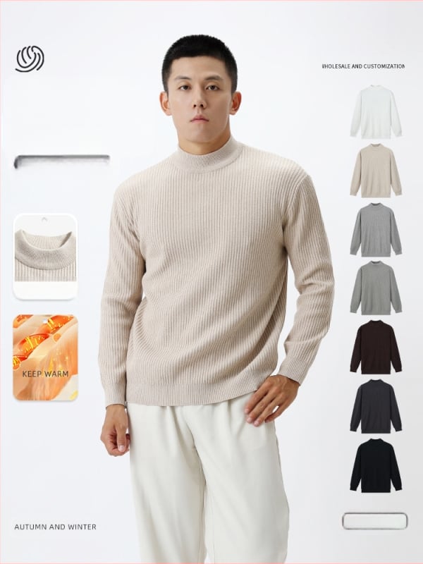 Ανδρικό πλεκτό πουκάμισο με ημιυψηλό γιακά, κάθετη ριβ πλέξη, μακριά μανίκια, μείγμα βισκόζη/πολυεστέρα/νάιλον