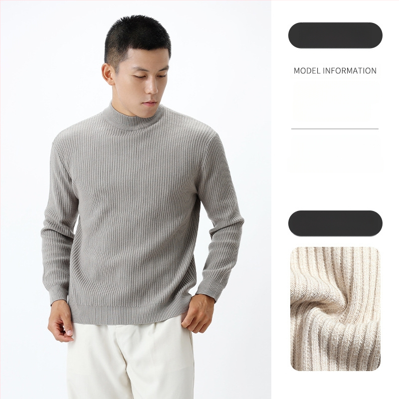 Ανδρικό πλεκτό πουκάμισο με ημιυψηλό γιακά, κάθετη ριβ πλέξη, μακριά μανίκια, μείγμα βισκόζη/πολυεστέρα/νάιλον