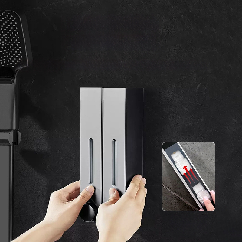 Ant sienos montuojamas ABS dozatorius skystam muilui ir šampūnui, rankinis paspaudimas, modernus minimalistinis stilius, vonios kambarys ir virtuvė, British Hansha prekė