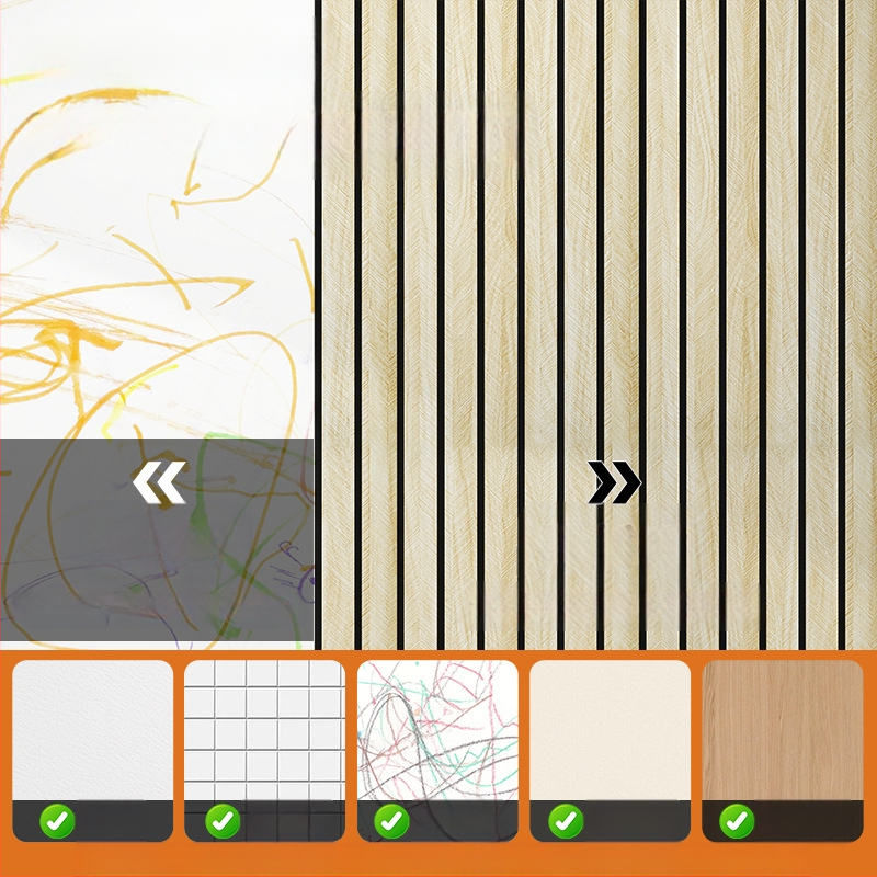 Savarankiškai klijuojama PVC sienų danga su medžio faktūra ir grotelės raštu, atspari vandeniui ir drėgmei, skirtas svetainės televizoriaus fono sienai