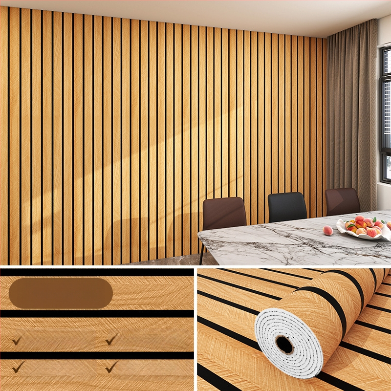 Savarankiškai klijuojama PVC sienų danga su medžio faktūra ir grotelės raštu, atspari vandeniui ir drėgmei, skirtas svetainės televizoriaus fono sienai