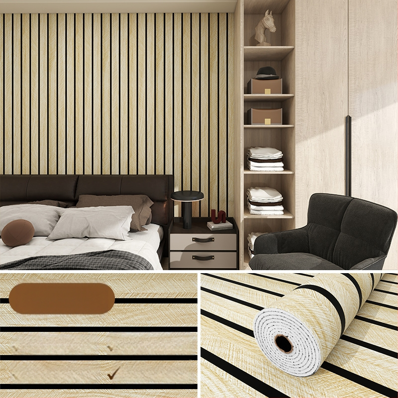 Savarankiškai klijuojama PVC sienų danga su medžio faktūra ir grotelės raštu, atspari vandeniui ir drėgmei, skirtas svetainės televizoriaus fono sienai