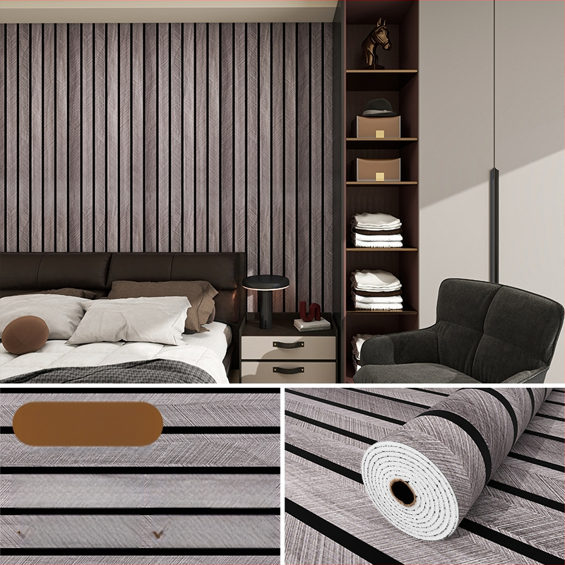 Savarankiškai klijuojama PVC sienų danga su medžio faktūra ir grotelės raštu, atspari vandeniui ir drėgmei, skirtas svetainės televizoriaus fono sienai