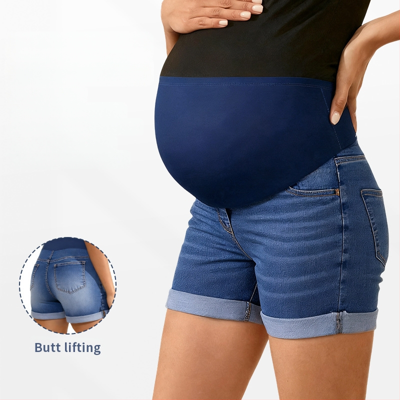 Moterų nėštumo džinsiniai šortai – pilvo parama, trijų ketvirčių ilgio, mikroelastiniai, siauras kirpimas, medvilnė 50–70% ir poliesteris 30–50%, vasara 2025