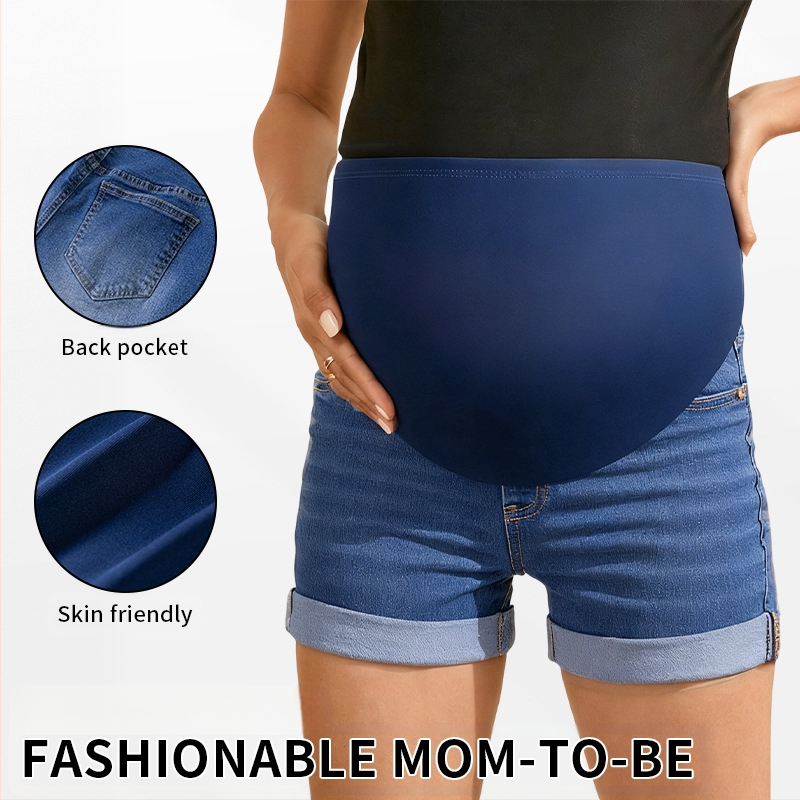 Moterų nėštumo džinsiniai šortai – pilvo parama, trijų ketvirčių ilgio, mikroelastiniai, siauras kirpimas, medvilnė 50–70% ir poliesteris 30–50%, vasara 2025