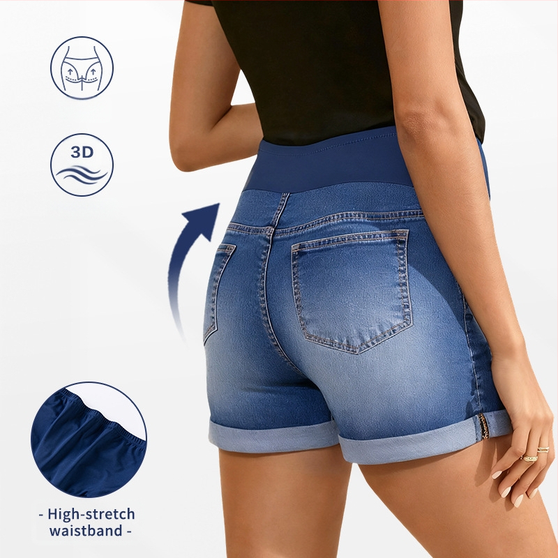 Moterų nėštumo džinsiniai šortai – pilvo parama, trijų ketvirčių ilgio, mikroelastiniai, siauras kirpimas, medvilnė 50–70% ir poliesteris 30–50%, vasara 2025