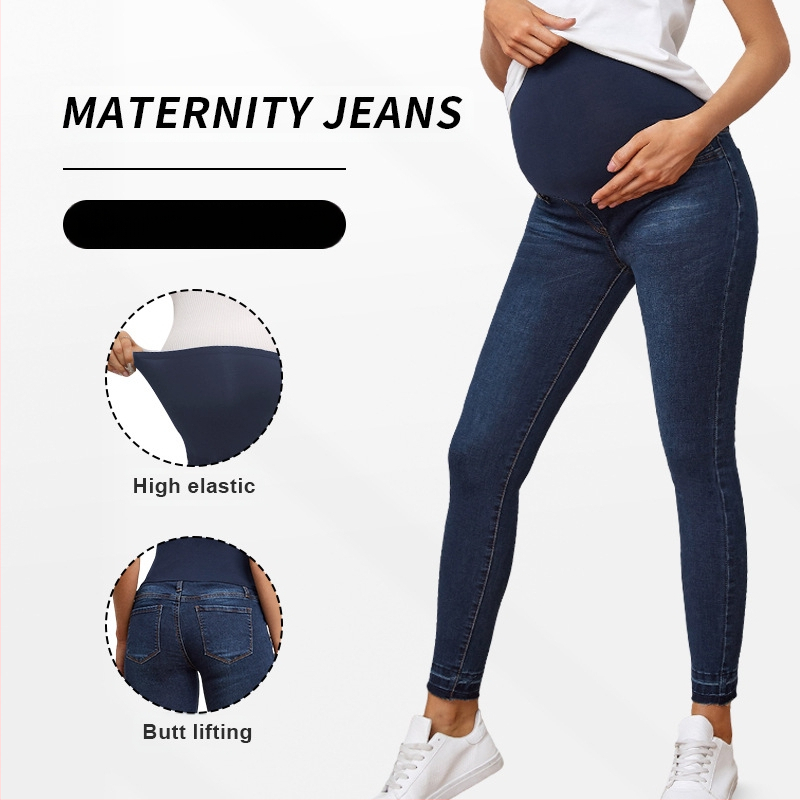 Nėščiųjų džinsinės kelnės su aukštu juosmeniu ir pilvo palaikymu, siauras kirpimas, mikroelastinis audinys (džinsas; medvilnė 50–70%; poliesteris 30–50%)