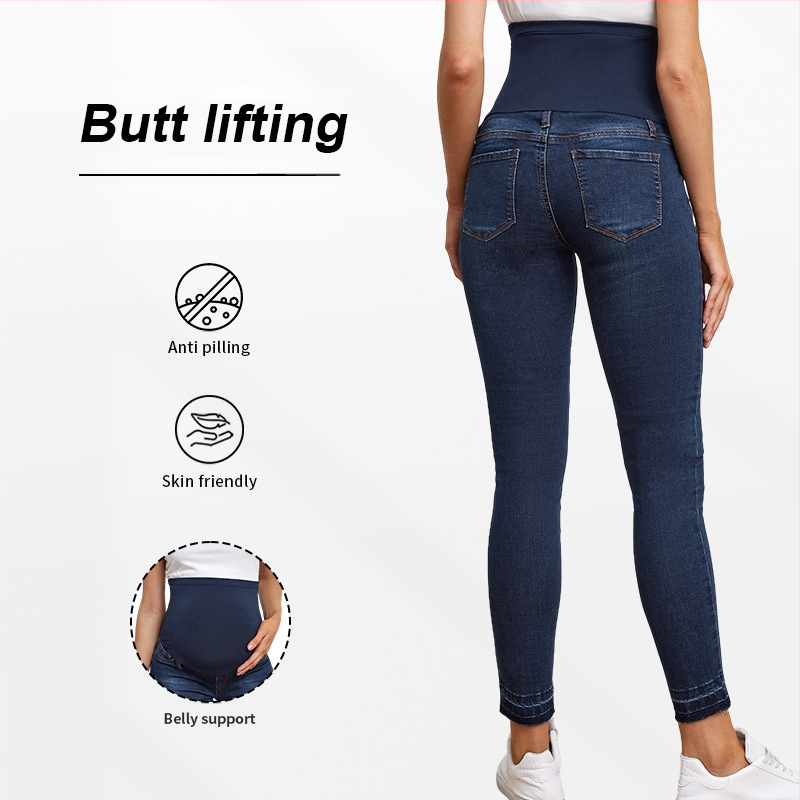 Nėščiųjų džinsinės kelnės su aukštu juosmeniu ir pilvo palaikymu, siauras kirpimas, mikroelastinis audinys (džinsas; medvilnė 50–70%; poliesteris 30–50%)