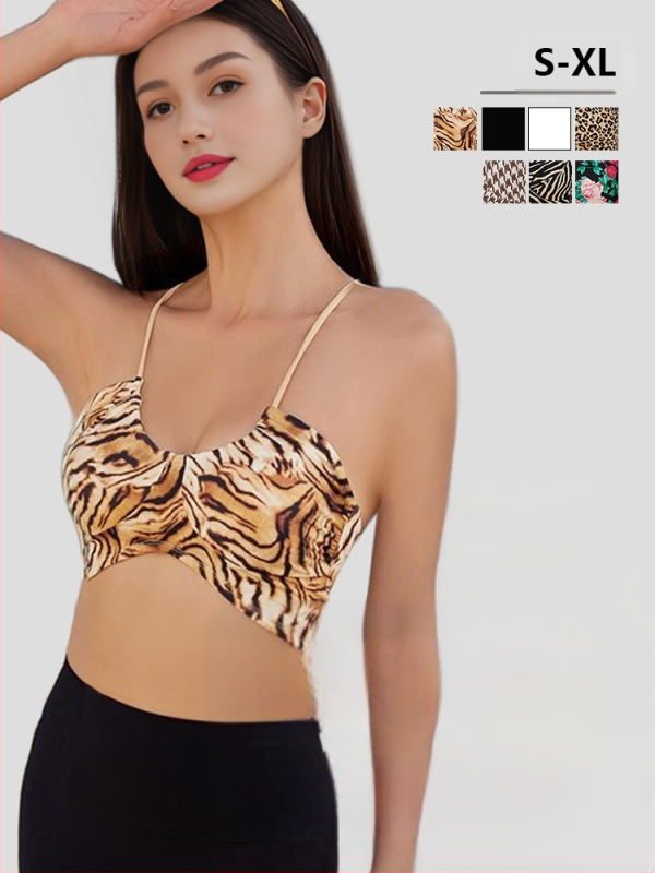 Női integrált vékony pántos sportmelltartó - leopárd mintás, 3/4 kosár, közepes formázó kosár, nylon 75% és 25% spandex bélés, rögzített dupla pántok